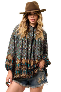 Yacamim Women's Black Printed Batwing Blouse with Puffed Long Sleeves B12