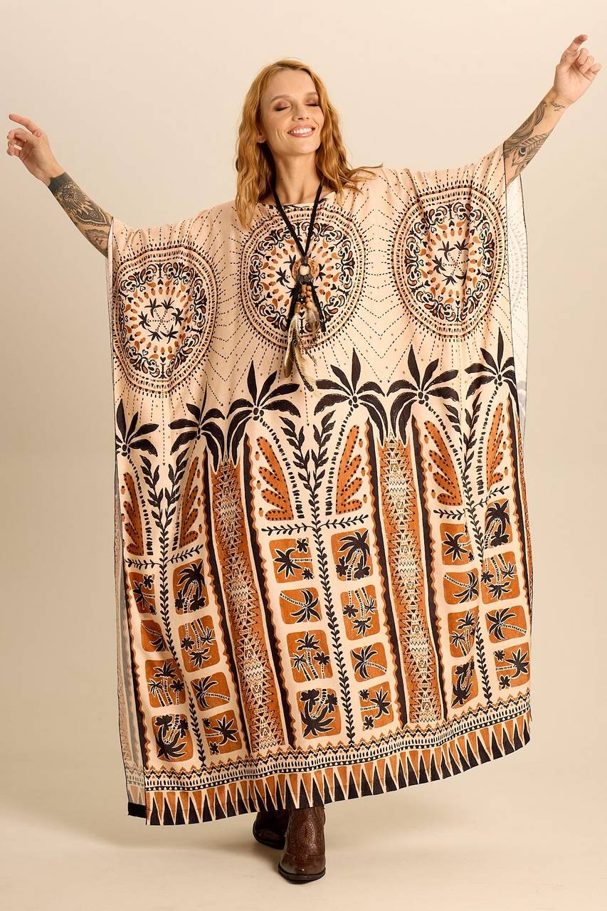 Yacamim J5 Wide Beige Printed Kaftan
