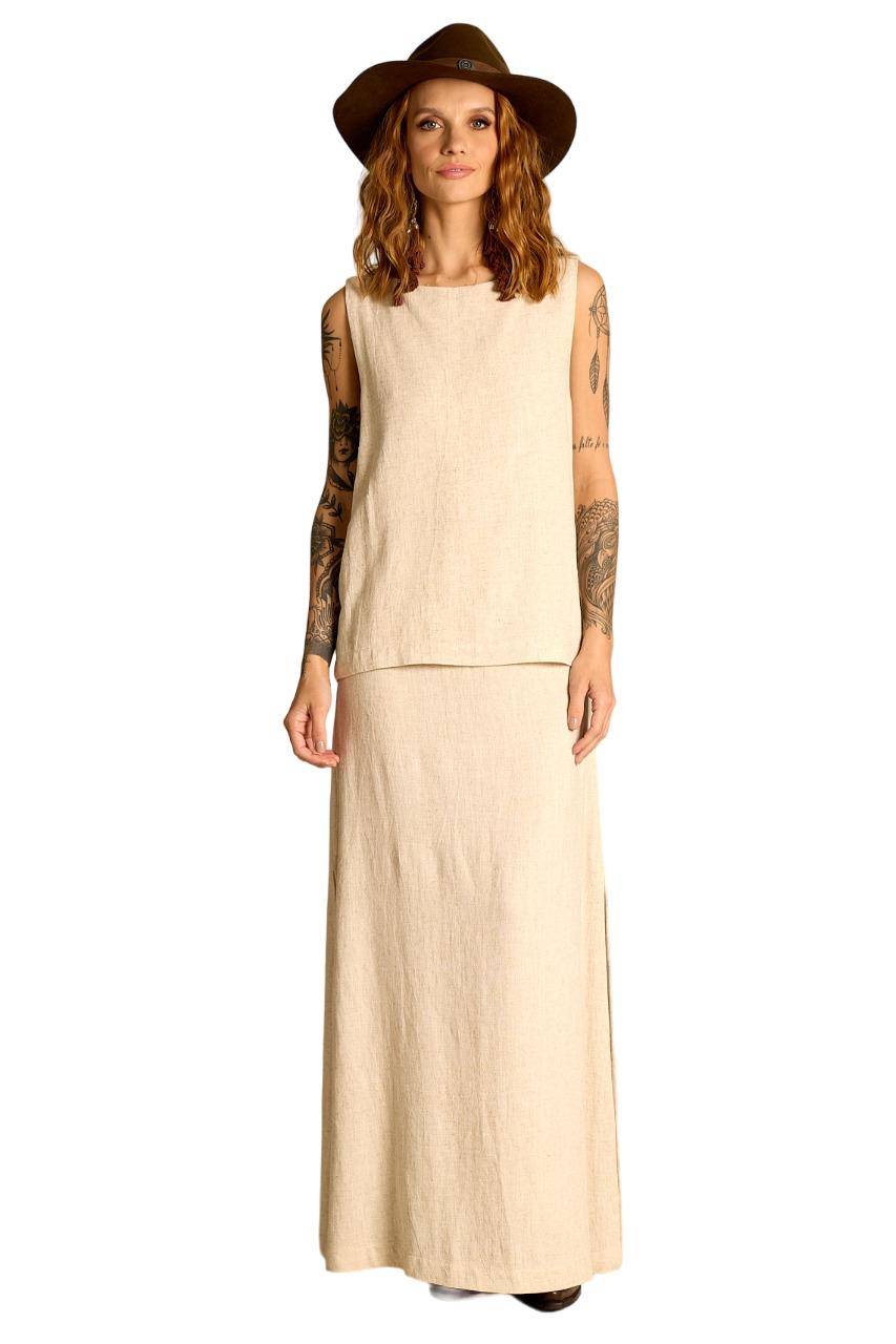Yacamim A8 Beige A-line Long Skirt with Slits