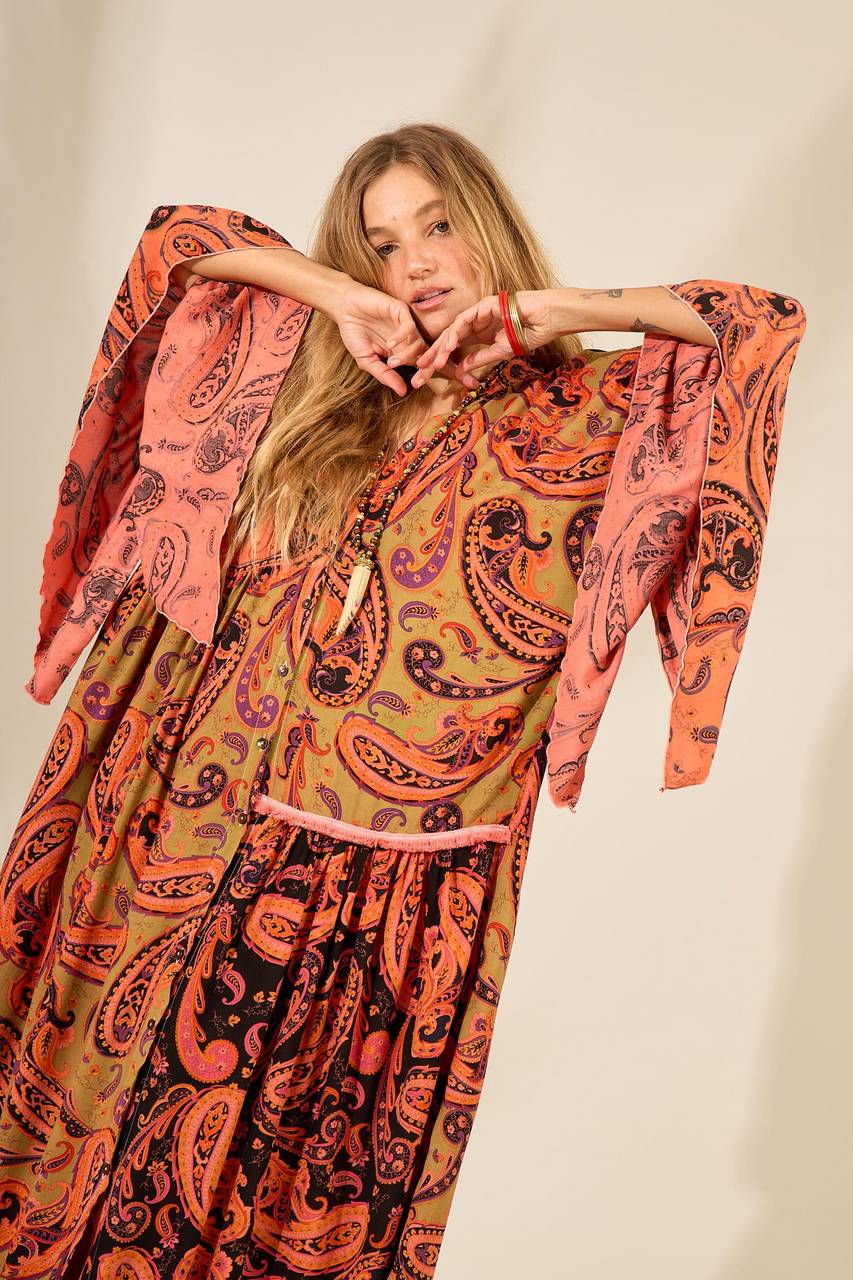 Yacamim Orange Cashmere Patchwork Print Long Shirt Dress