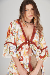 Yacamim E5 Paisley Beige Fringe Open Short Dress