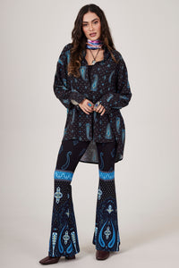 Navy Blue Flare Pants with Cashmere Print Yacamim A26