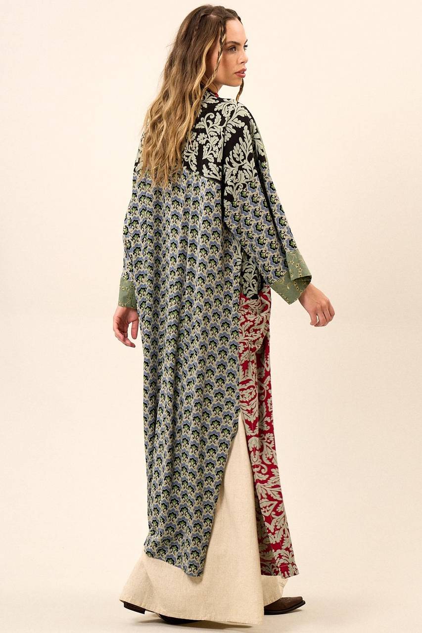 Yacamim Patchwork Green Long Kimono with Wide Long Sleeves