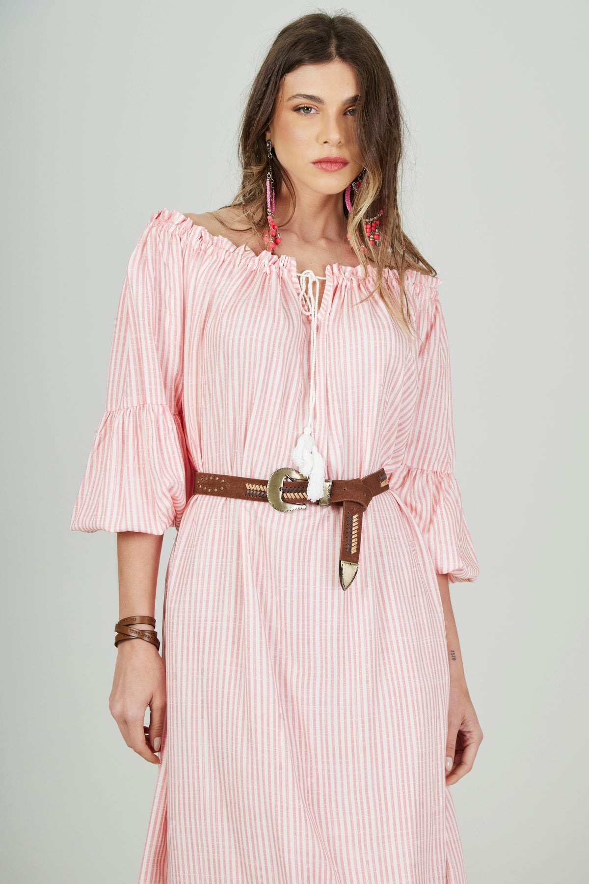Yacamim D22 Pink Striped Off-the-Shoulder Midi Dress with Drawstring