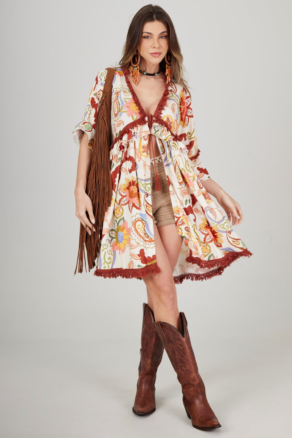 Yacamim E5 Paisley Beige Fringe Open Short Dress