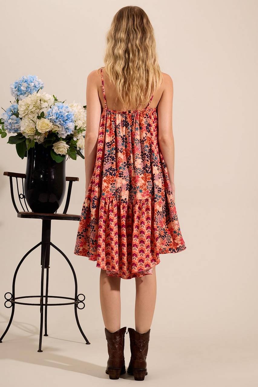 Yacamim D23 Salmon Patchwork Short Dress with Adjustable Straps