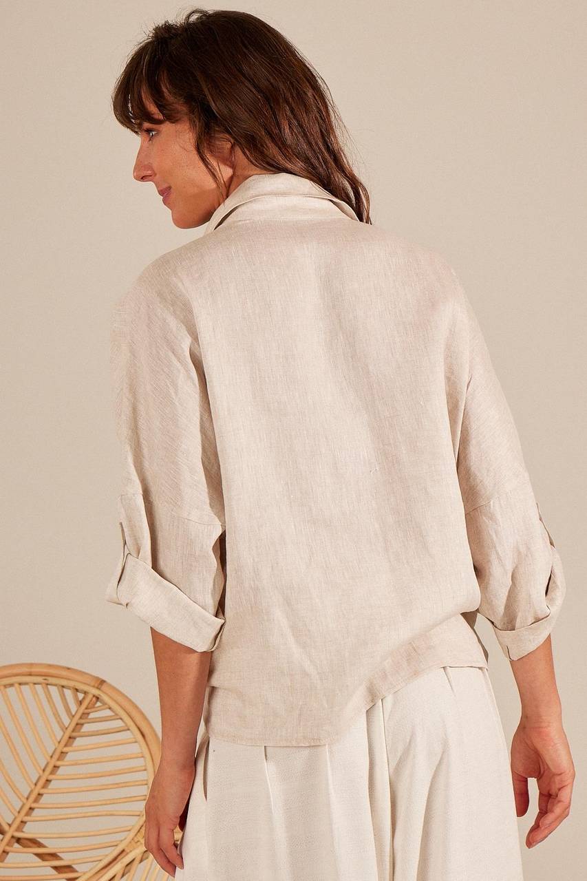 Yacamim Beige 100% Linen Shirt with Tie Detail