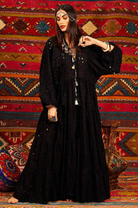 Yacamim Black V-Neck Broderie Long Dress with Puffed Sleeves