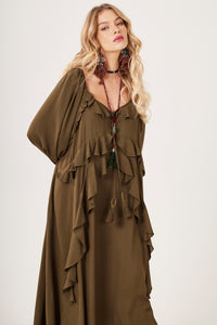Yacamim C27 Plain Moss Green Off-the-Shoulder Long Dress