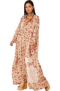 Long Dress with Puffy Sleeves Beige Printed Yacamim C14