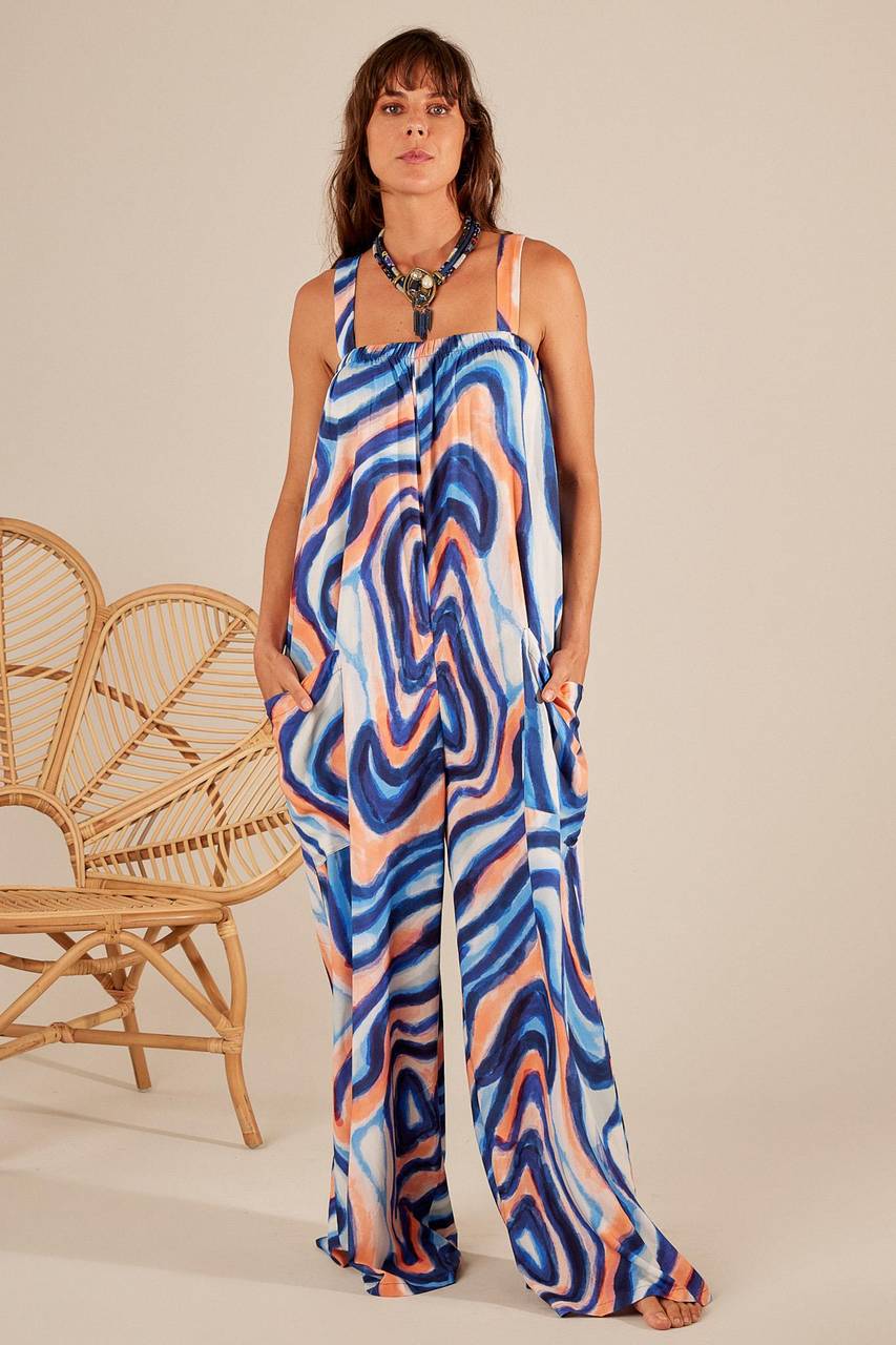 Yacamim O2 Printed Blue Wide Strap Jumpsuit