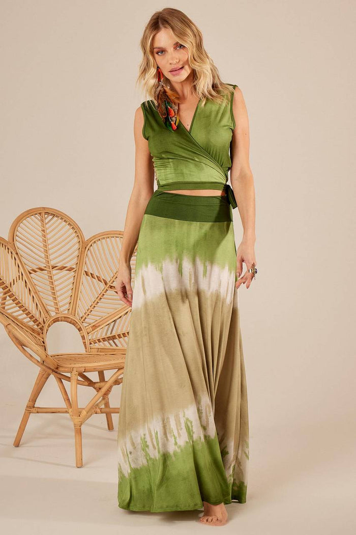 Yacamim Green Tie-Dye Digital Print Basic Long Skirt