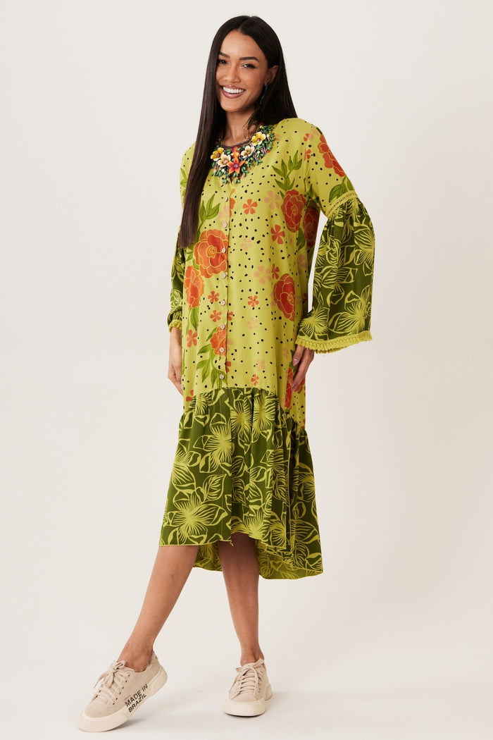 Yacamim N7 Patchwork Green Long Sleeve Midi Shirt