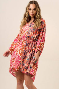 Pink Patchwork Yacamim Short Chemise Dress with Long Sleeves