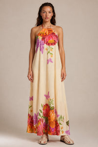 Vestido Longo Frente Única Bege Floral Com Borboletas Yacamim E6