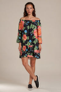 Vestido Curto Ciganinha Com Babados Preto Floral Yacamim D23