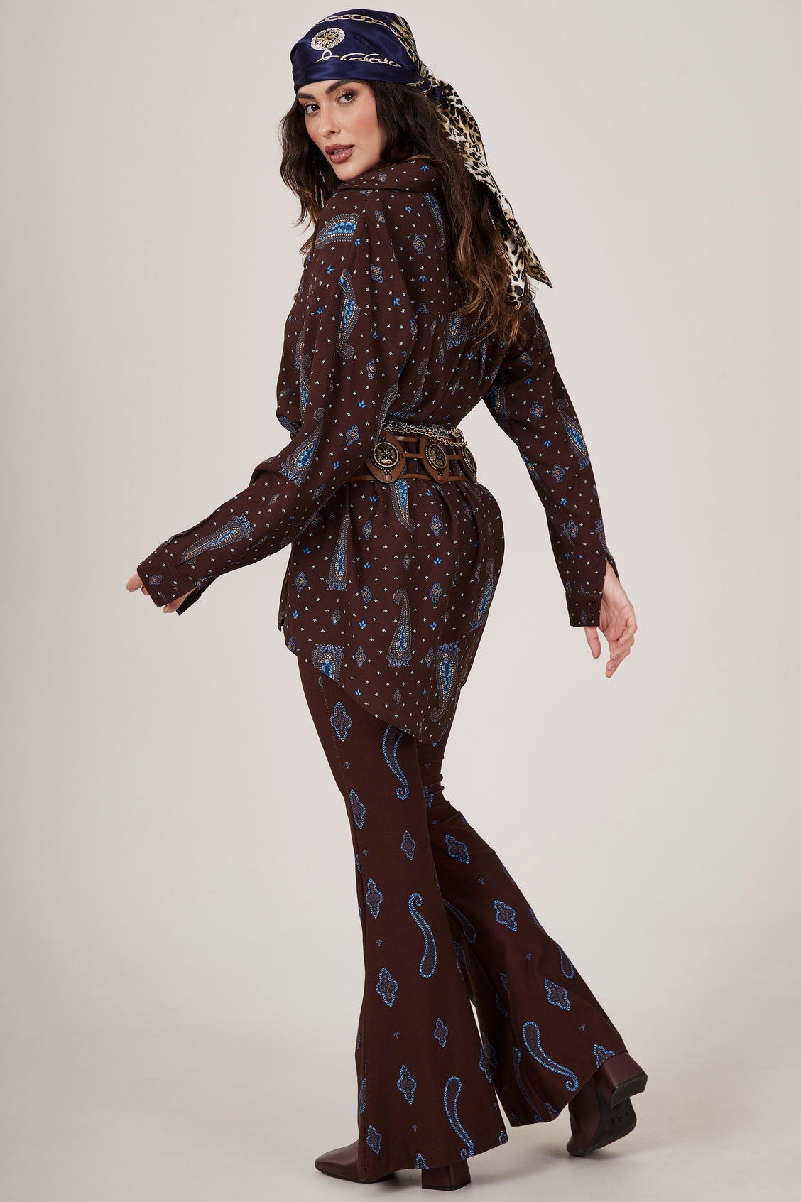 Dark Brown Flare Trousers with Cashmere Print Yacamim A33