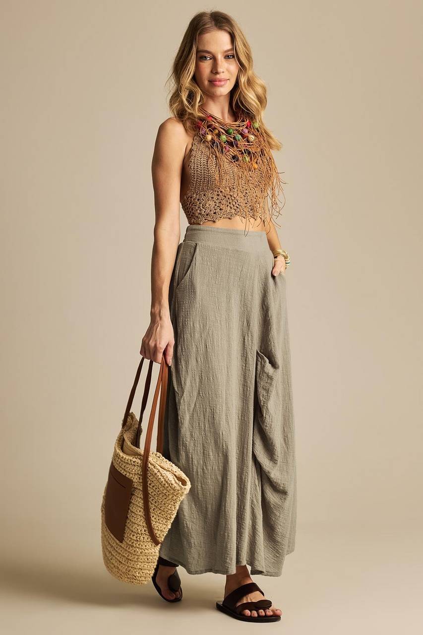 Yacamim Green Midi Skirt With Pockets