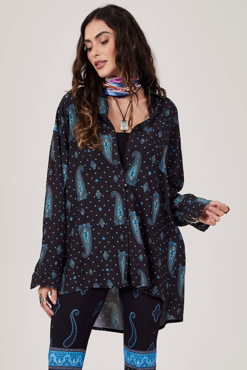 Yacamim A16 Navy Blue Cashmere Oversized Long-Sleeve Shirt