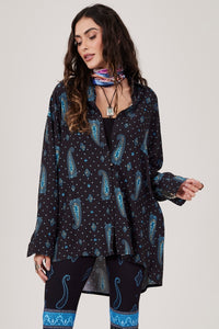 Yacamim A16 Navy Blue Cashmere Oversized Long-Sleeve Shirt