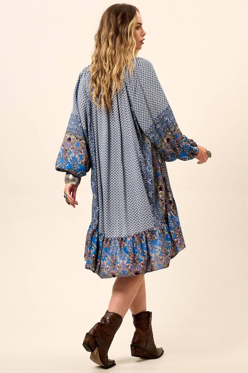 Yacamim Blue Patchwork Short Dress with Puffy Long Sleeves