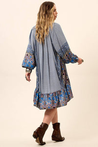 Yacamim Blue Patchwork Short Dress with Puffy Long Sleeves
