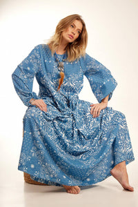 Blue Patchwork Yacamim Long Polyester Dress With Puffy Sleeves