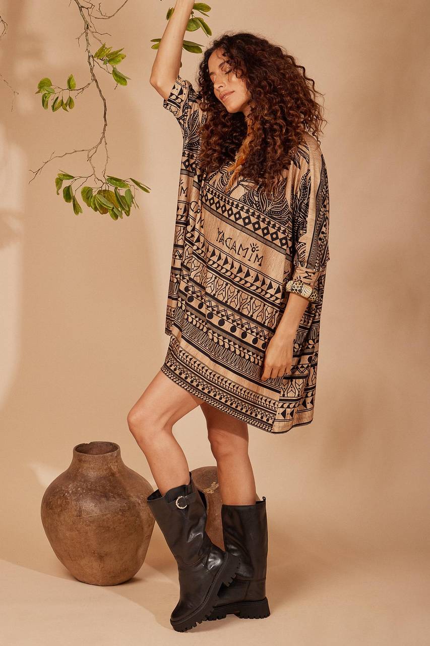 Brown Yacamim Loose Tunic with Short Sleeves and Maori Print