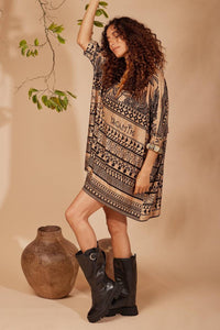 Brown Yacamim Loose Tunic with Short Sleeves and Maori Print