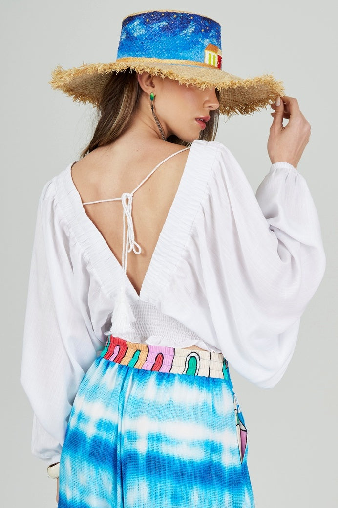 Yacamim Q2 Bahêa Collection White Off-The-Shoulder Cropped Tunic