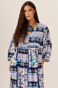 Yacamim C8 Geometric Blue and White Midi Dress