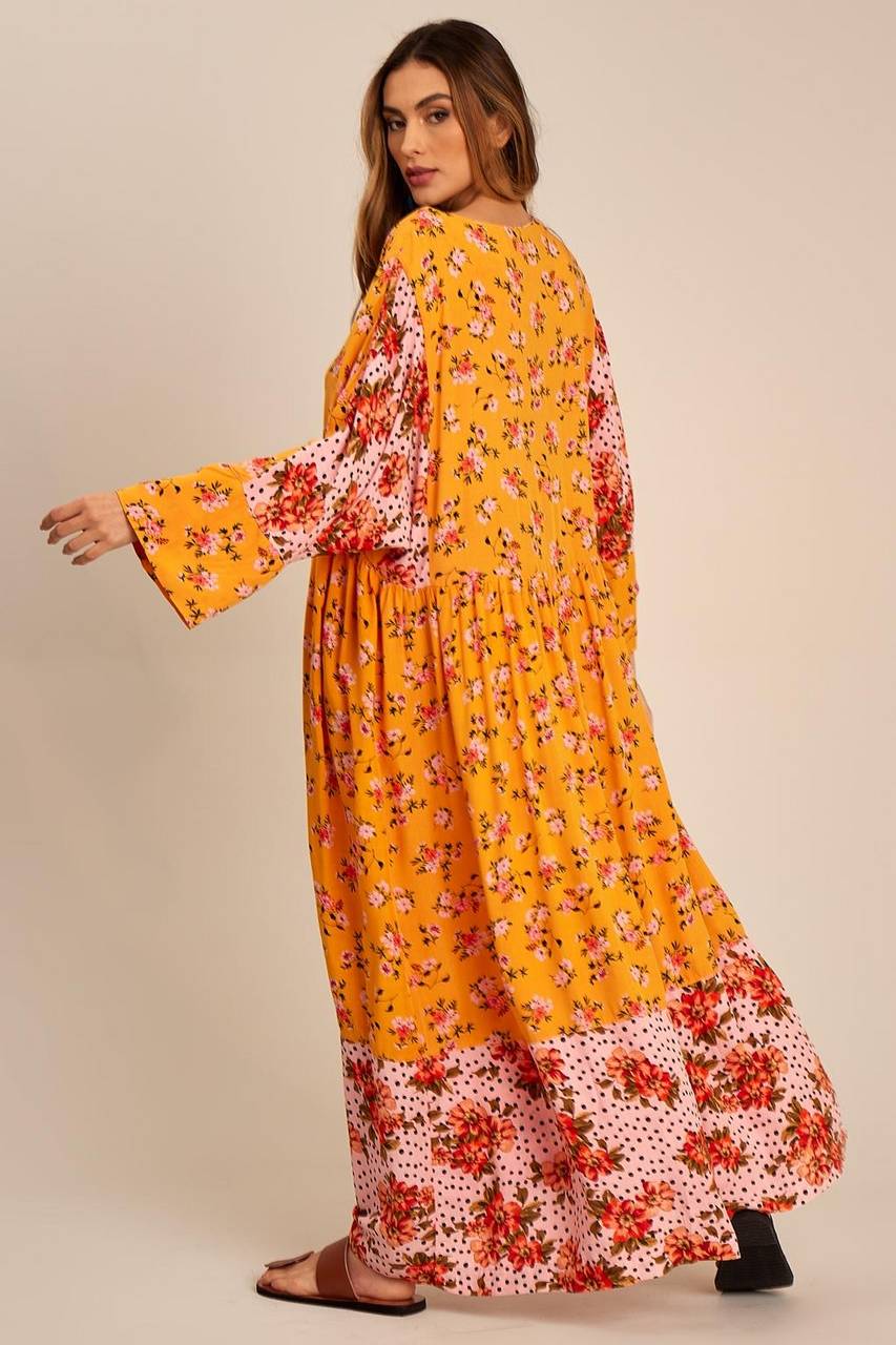 Yacamim Yellow Long Sleeve Patchwork Long Dress