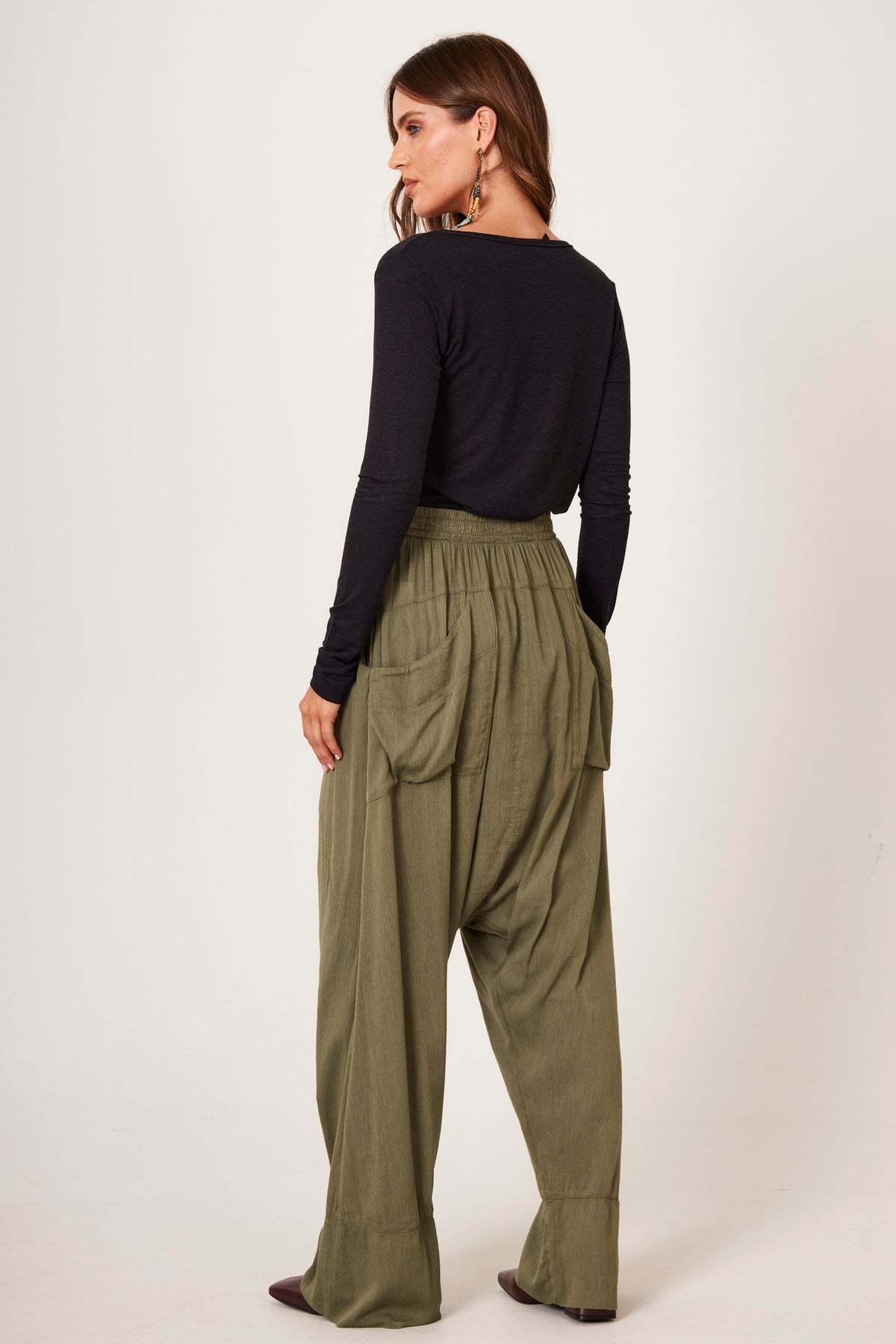 Yacamim Moss Green Plain G1 Harem Pants with Pockets