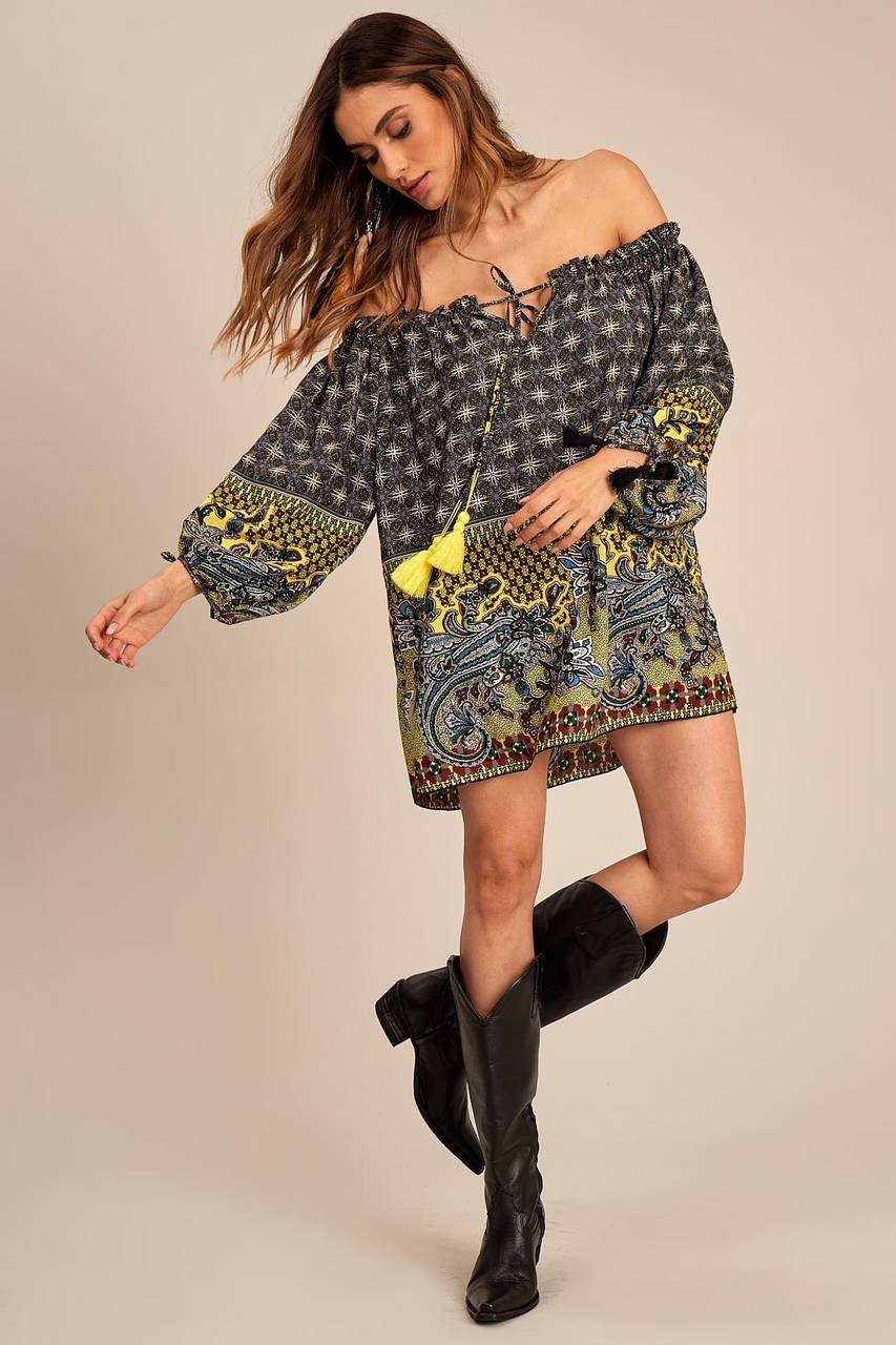 Yacamim Gray and Yellow Printed Long-Sleeved Peasant Blouse