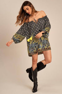 Yacamim Gray and Yellow Printed Long-Sleeved Peasant Blouse