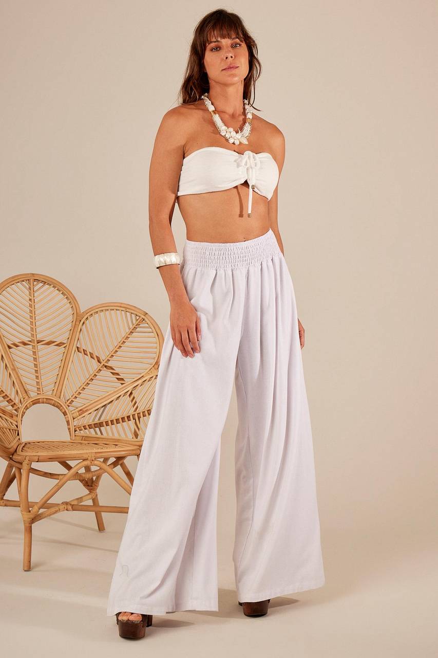 Yacamim H1 Plain White Linen Palazzo Pants