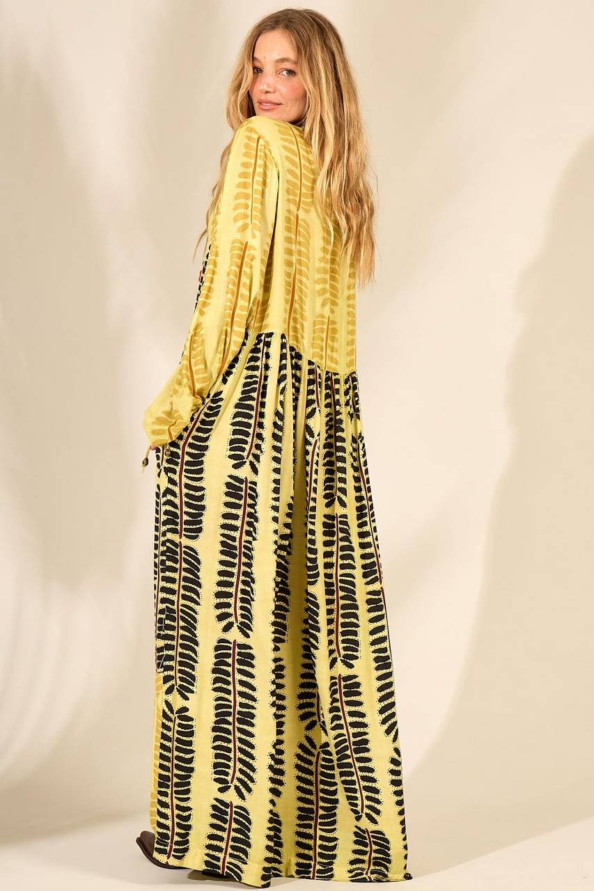 Long Printed Patchwork Green Composed Dress with Pockets Yacamim