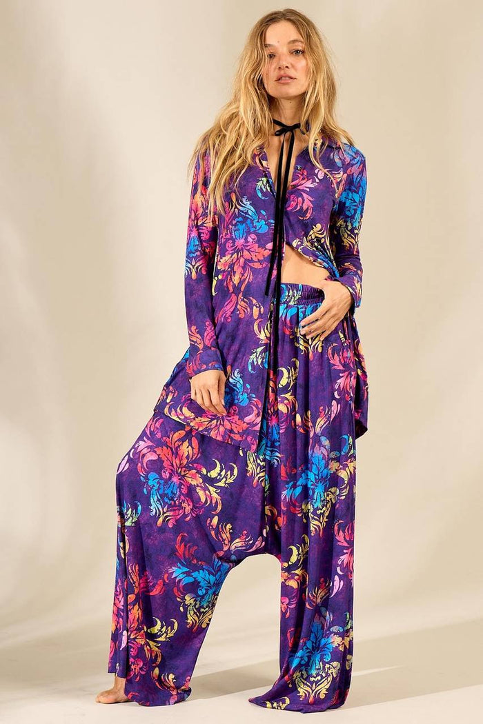 Yacamim Purple Printed Harem Pants with Elastic Waistband