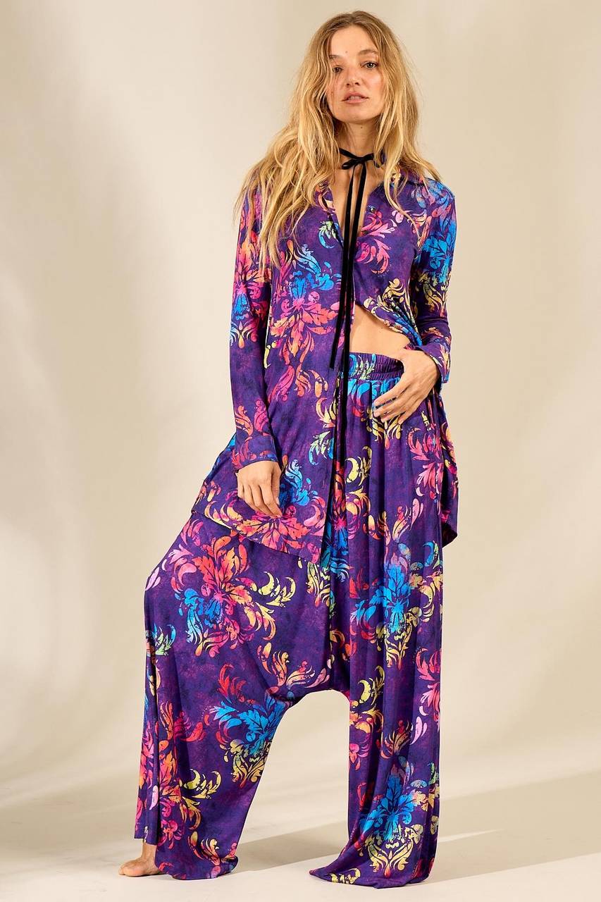 Yacamim Purple Printed Harem Pants with Elastic Waistband