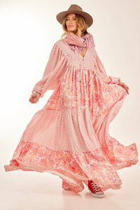 Pink Light Patchwork V-Neck Long Chemise Dress Yacamim