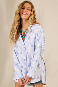 Yacamim A12 Wide Long Striped Blue Long-Sleeve Shirt
