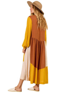 Yacamim Yellow Midi Dress with Puffed Long Sleeves <br />
