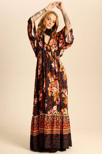 Yacamim Floral Print V-Neck Long Dress with Smocked Bodice