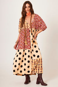 Yacamim D15 Light Brown Patchwork Polka Dot Midi Dress