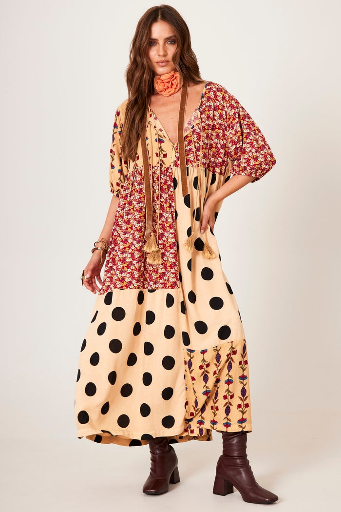 Yacamim D15 Light Brown Patchwork Polka Dot Midi Dress