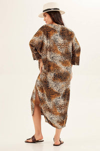 Yacamim Animal Print 3/8 Sleeve Midi Dress