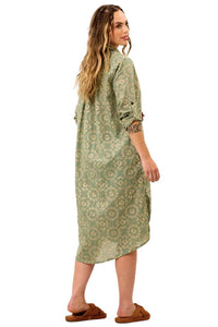 Yacamim Green Long Sleeve Embroidered Midi Shirtdress
