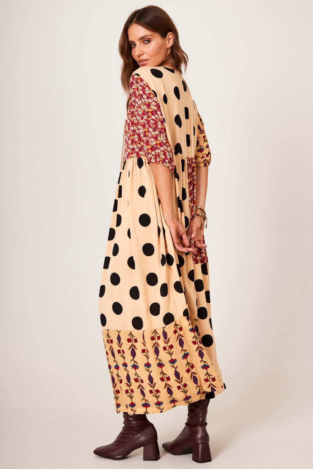 Yacamim D15 Light Brown Patchwork Polka Dot Midi Dress