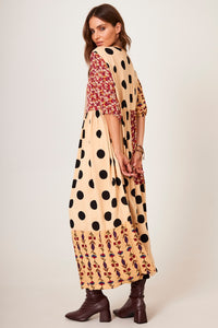 Yacamim D15 Light Brown Patchwork Polka Dot Midi Dress