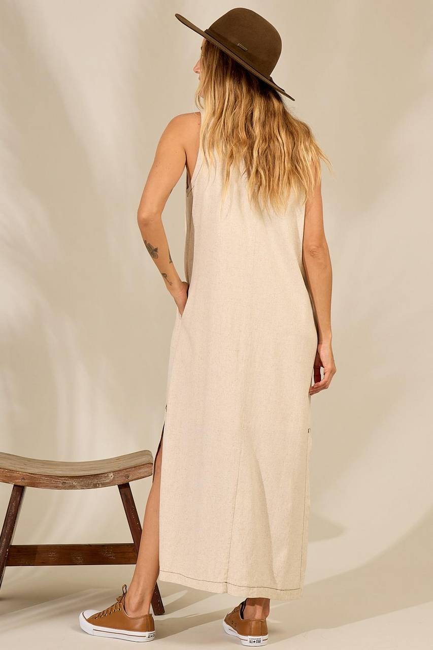 Yacamim D1 Beige Sleeveless Midi Dress with Side Slits and Pockets
